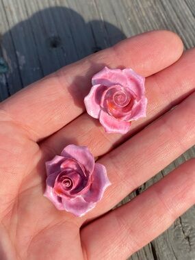 Pink Rose Screw Back Earrings - Handcrafted Made in England